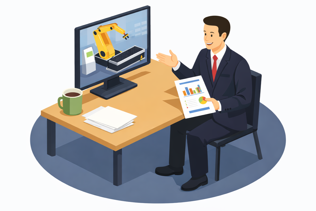 協働ロボット導入イメージを3Dで共有して説明するイメージ